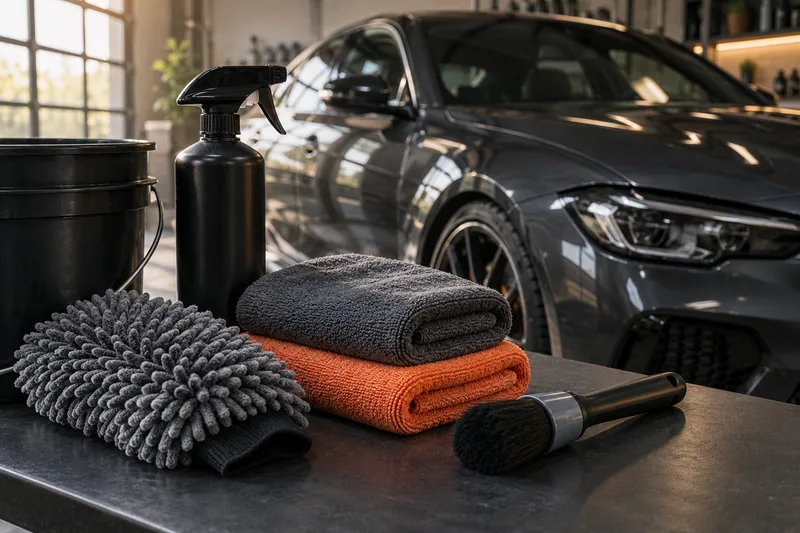 Microfiber towels, a wash mitt, detailing brush, spray bottle and bucket beside a graphite car