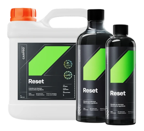 CARPRO Reset manufacturer range photograph showing available package sizes; these are separate sizes, not one supplied bundle.