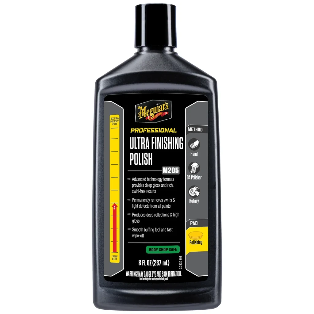 Meguiar’s M205 Ultra Finishing Polish M20508, 8 oz bottle, front label.