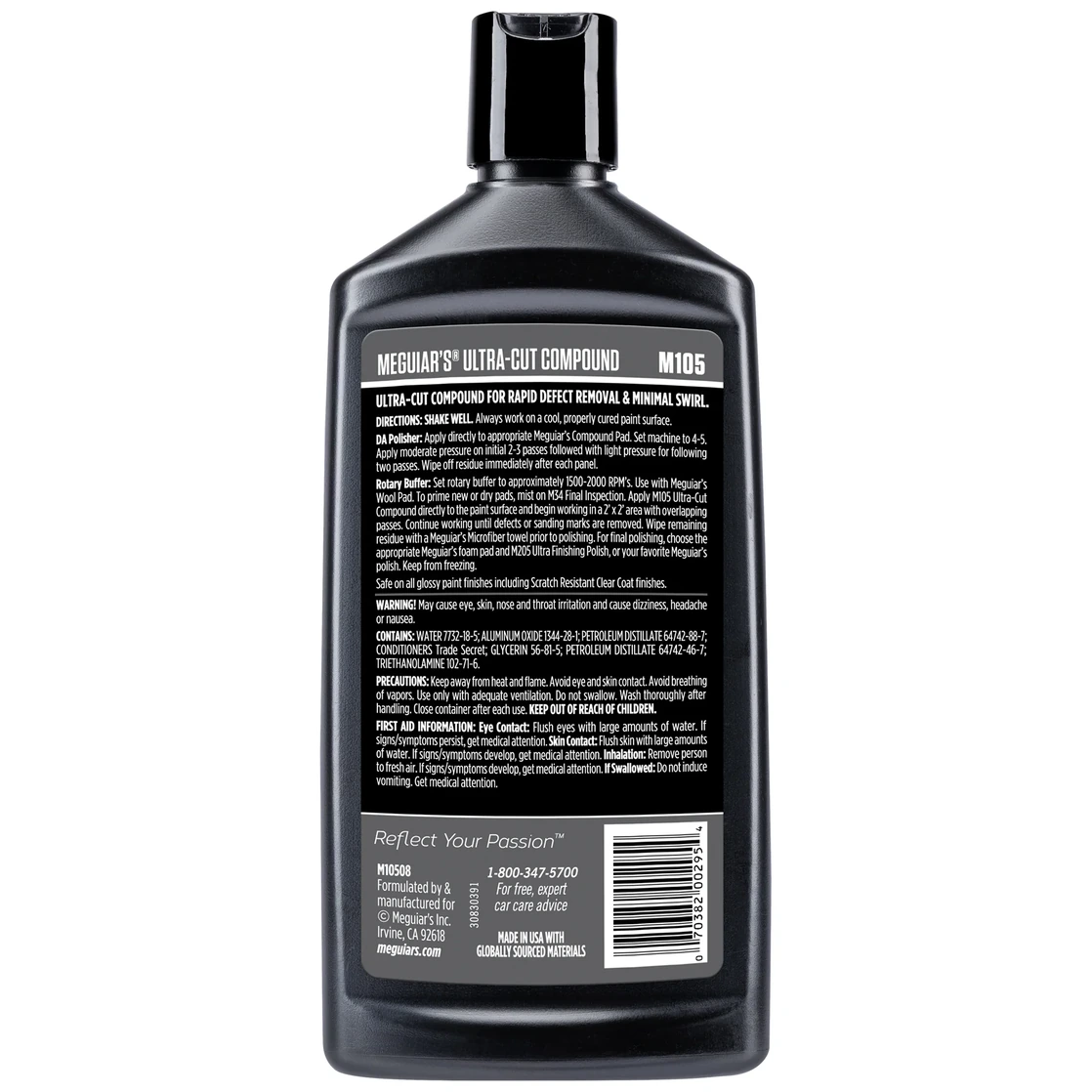 Meguiar's M105 Ultra-Cut Compound M10508, 8 oz Meguiar’s M105 Ultra-Cut Compound M10508, 8 oz bottle, back label.