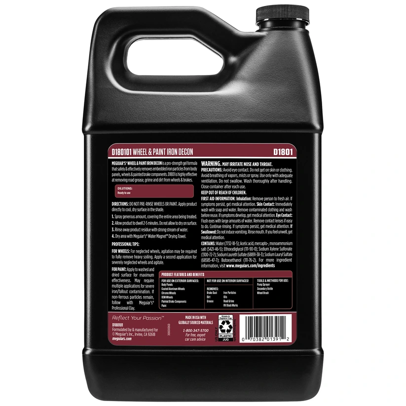 Meguiar’s Wheel & Paint Iron Decon D180101, 1 gallon bottle, back label.
