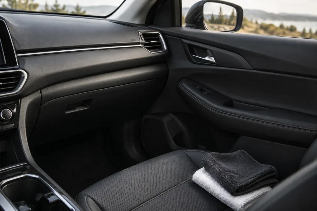Charcoal car dashboard and door trim with two folded cloths