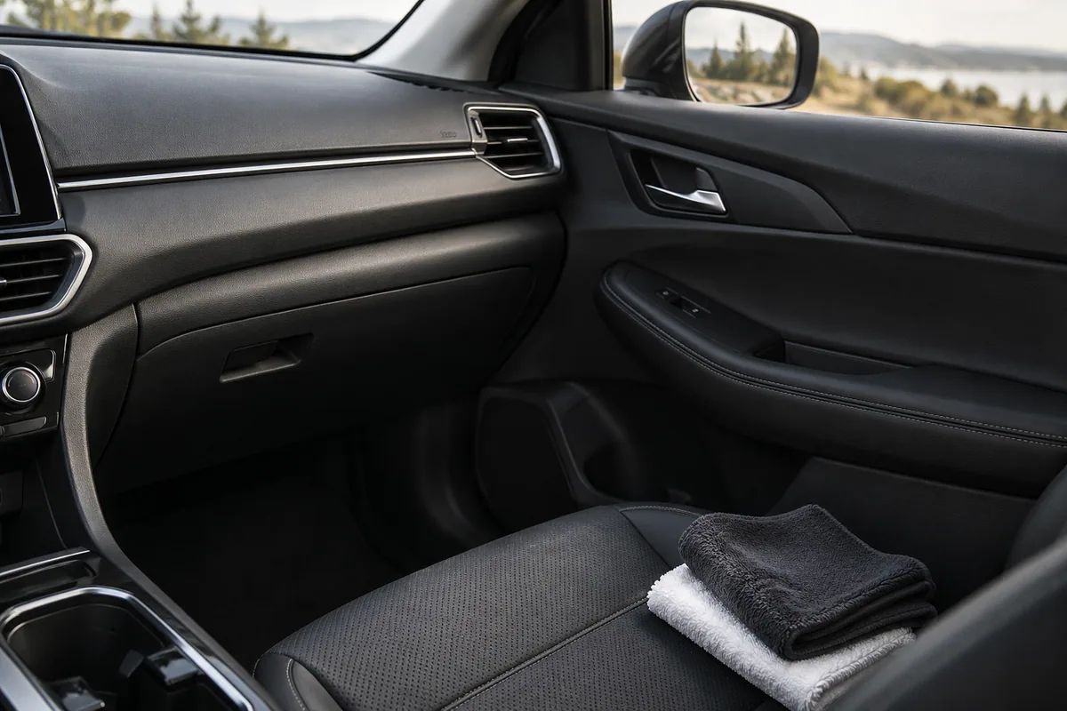 Charcoal car dashboard and door trim with two folded cloths