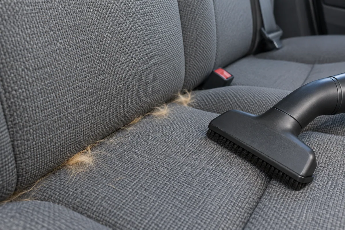 Pet hair and vacuum nozzle on a gray fabric car seat Pet hair and vacuum nozzle on a gray fabric car seat