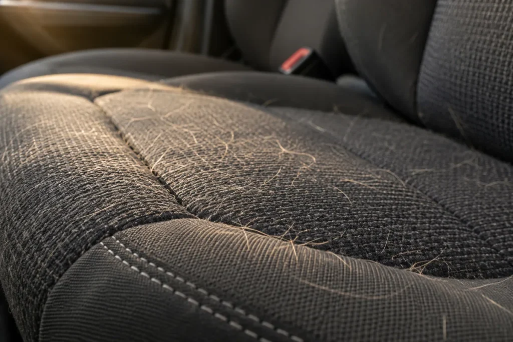 Pet hair caught in dark woven car seat fabric
