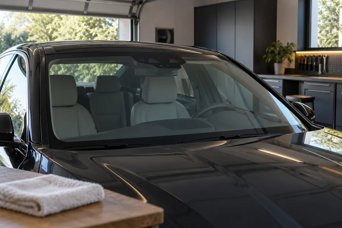 Clear car windshield in a garage beside a microfiber towel