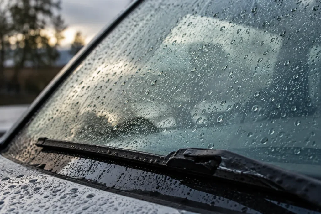 Rain droplets on a parked car windshield above a wiper