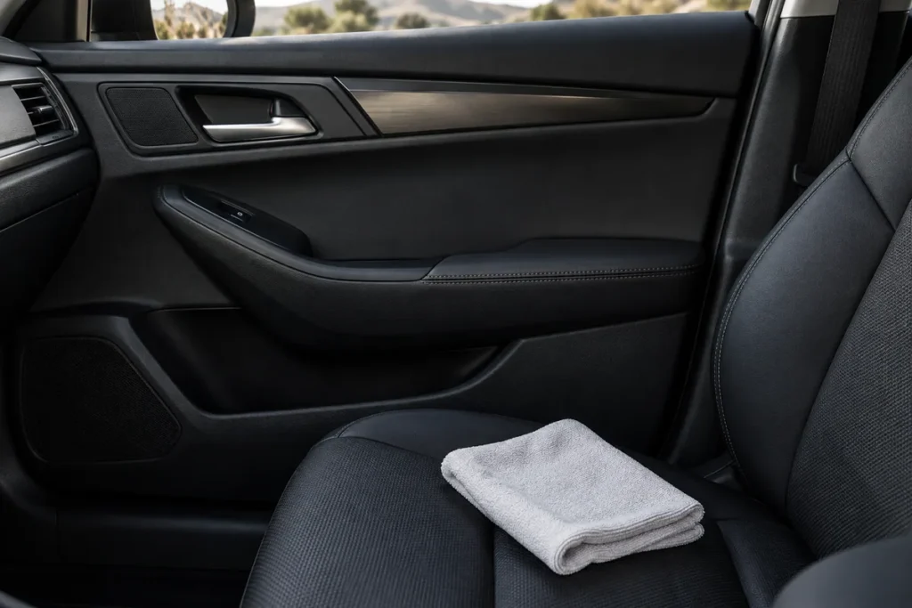 Dark car door trim and a folded white microfiber cloth