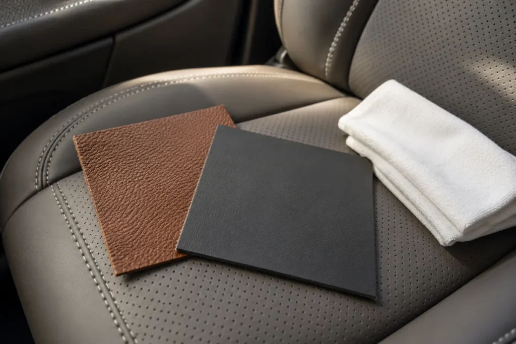 Brown and charcoal upholstery swatches beside a folded white cloth