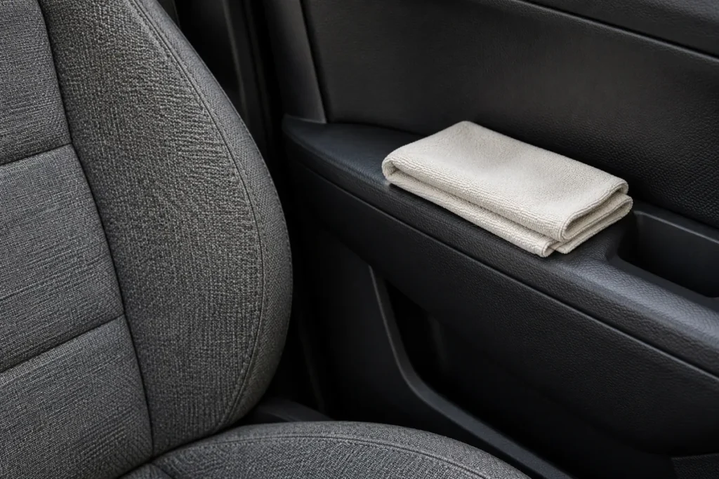 White microfiber cloth beside woven upholstery and textured door trim