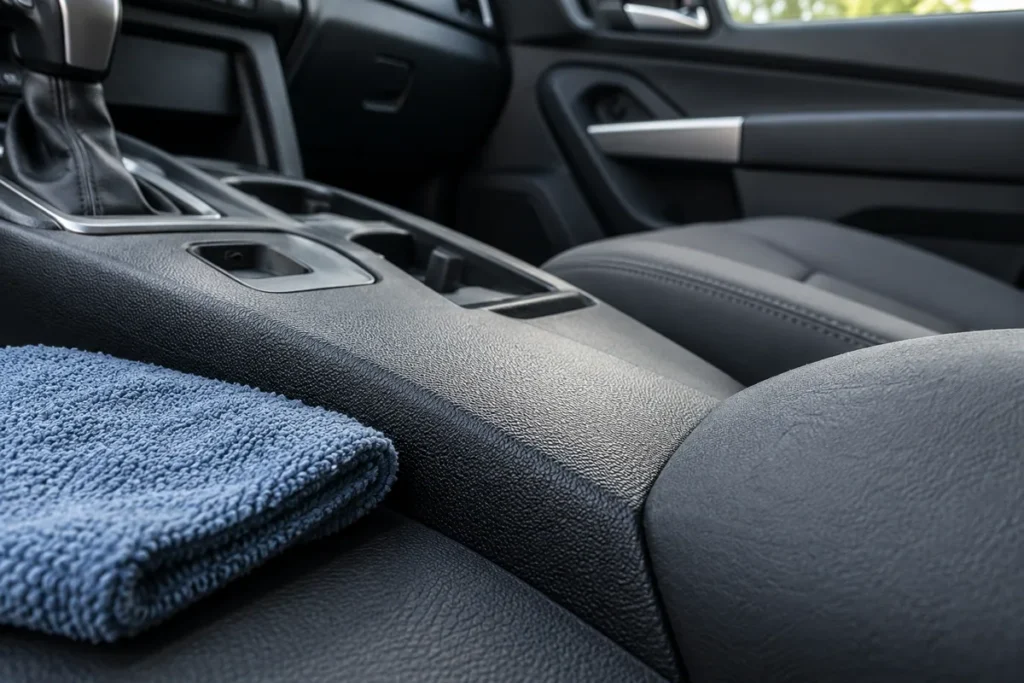 Blue-gray cloth beside matte black console and gray seat trim