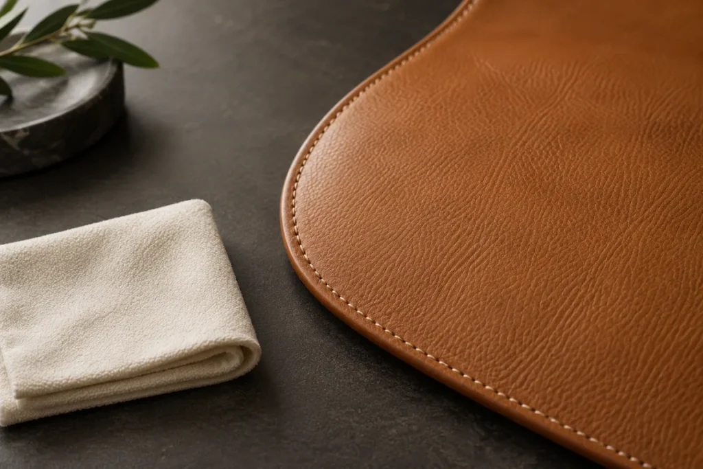 Folded ivory cloth beside dry tan stitched leather Folded ivory cloth beside dry tan stitched leather