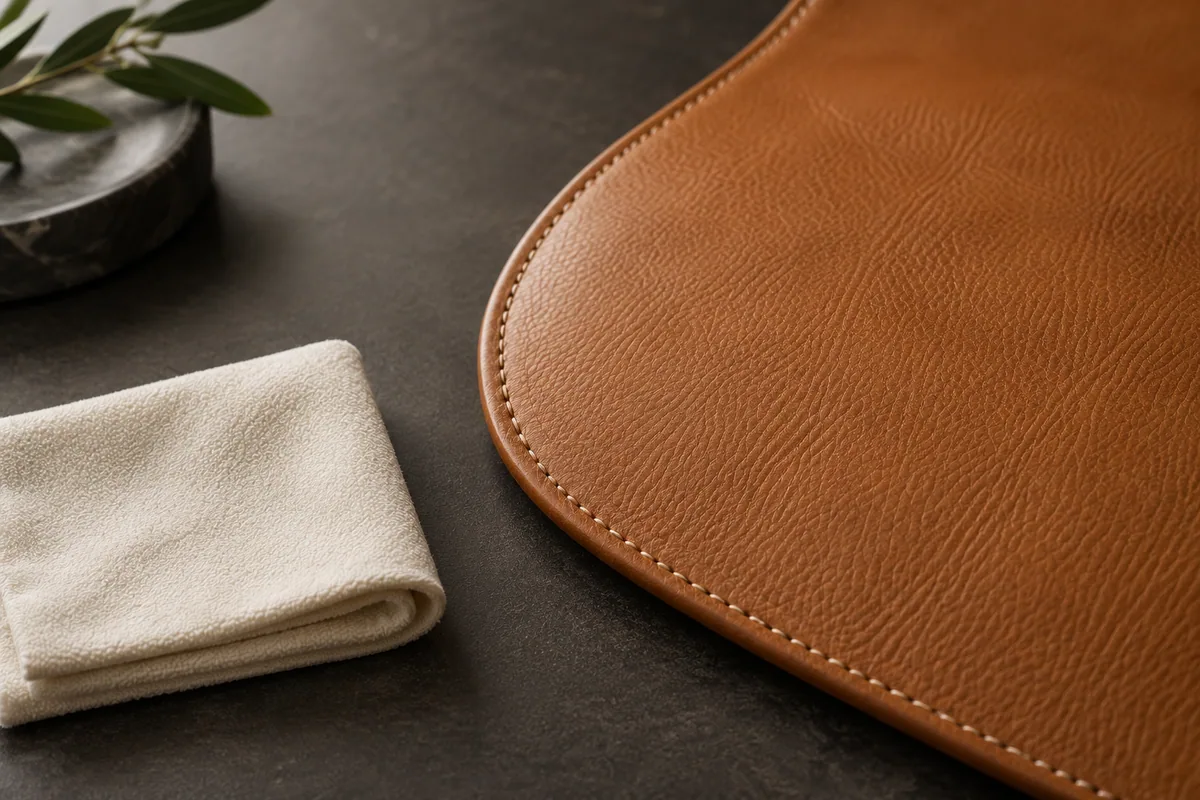 Folded ivory cloth beside dry tan stitched leather Folded ivory cloth beside dry tan stitched leather