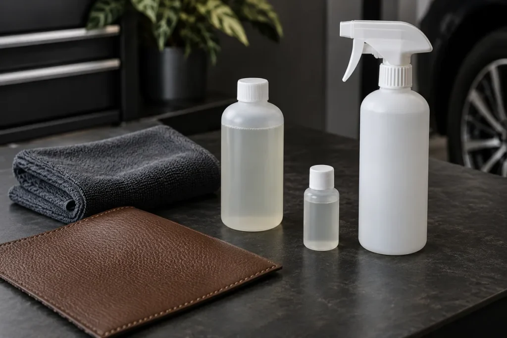 Three blank container formats beside a brown upholstery swatch