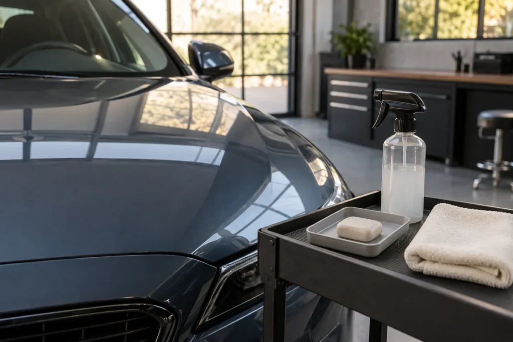 Clay and lubrication supplies beside a glossy car hood