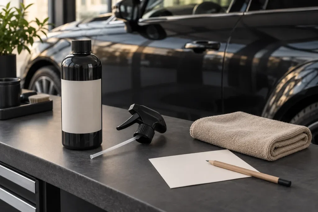 Blank-label bottle, separate spray head and note card beside a folded cloth