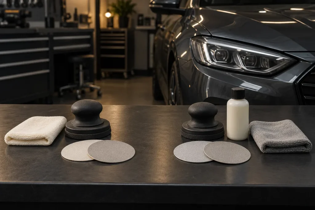 Two separate hand-preparation layouts beside a car headlight