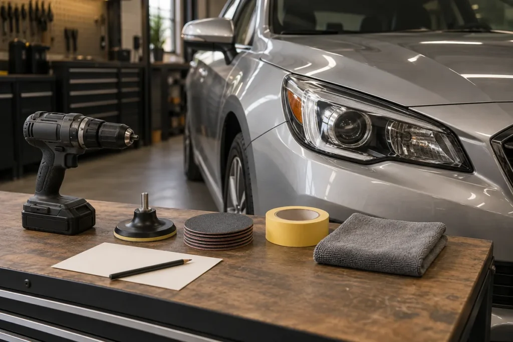 Drill, disc holder and preparation supplies beside a car headlight