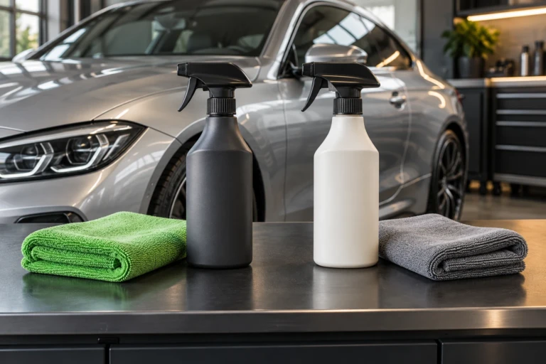 Two separate spray-protection supply sets with plain bottles and green and grey microfiber towels