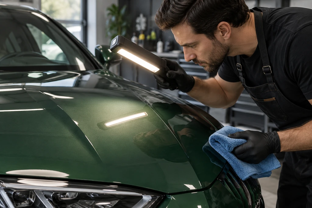 Inspection of dry green painted bodywork under an angled detailing lamp with a clean microfiber ready