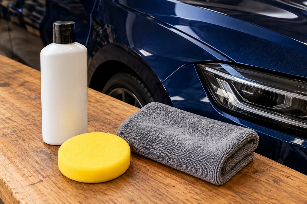 A plain liquid bottle, a yellow foam applicator and a folded grey microfiber on a wooden bench