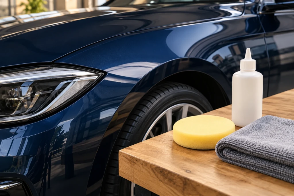 A liquid-wax bottle without a label, a foam applicator and microfiber beside blue bodywork
