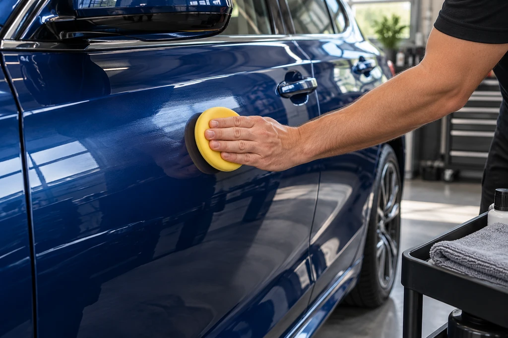 A hand spreading a thin liquid-wax coat with a yellow foam pad on dry blue paint
