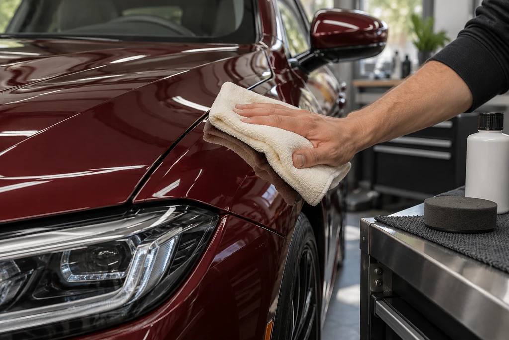 A clean cream microfiber wiping a burgundy panel, with the applicator kept on a separate trolley