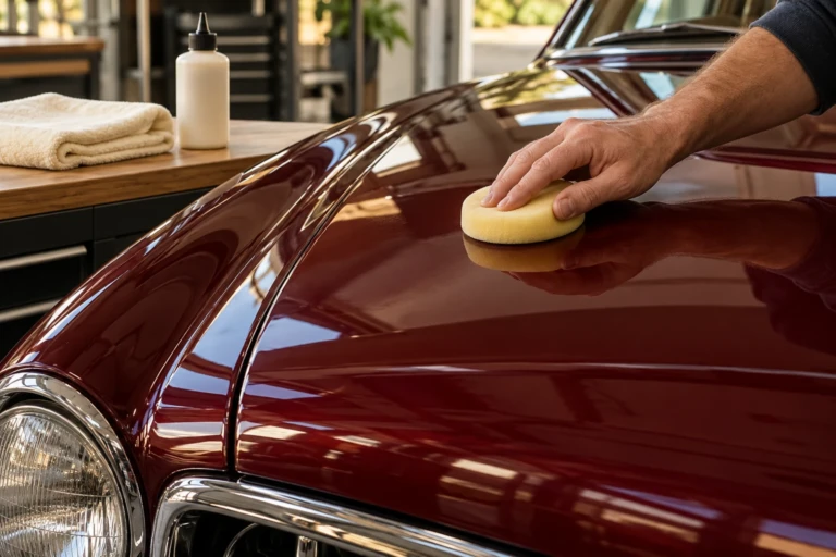 A soft foam pad held flat on clean dry burgundy painted bodywork