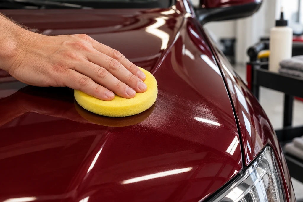 A hand applying a thin wax coat with a yellow foam pad on a dry burgundy panel