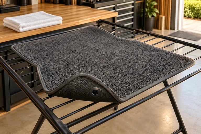 Textile car mat resting on a drying rack with its backing corner and retention opening visible
