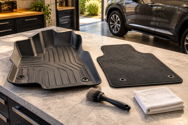 Removed molded floor liner and textile car mat on a garage workbench with a brush and white cloth