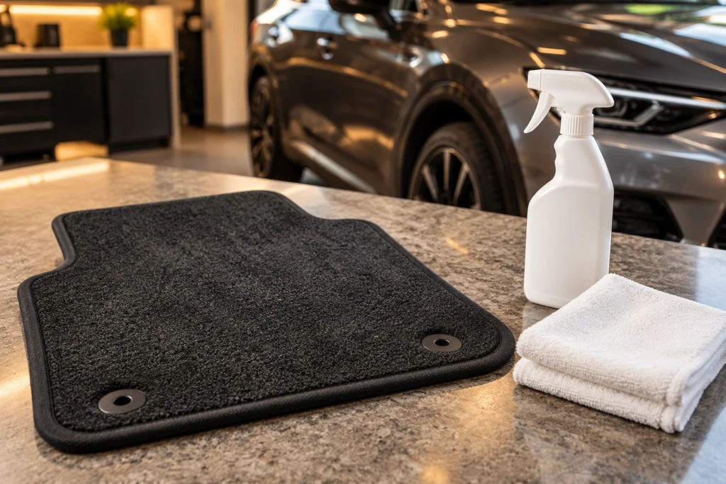 Textile car mat beside an unlabelled white spray bottle and folded absorbent cloths