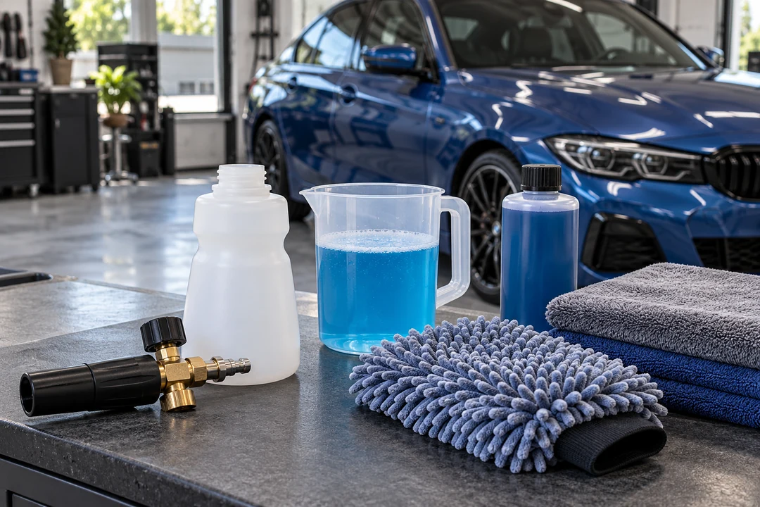 Foam attachment, measuring jug, wash mitt and towels arranged for wash preparation