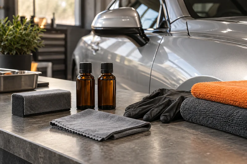 Small coating bottles and suede applicators arranged beside clean car paint