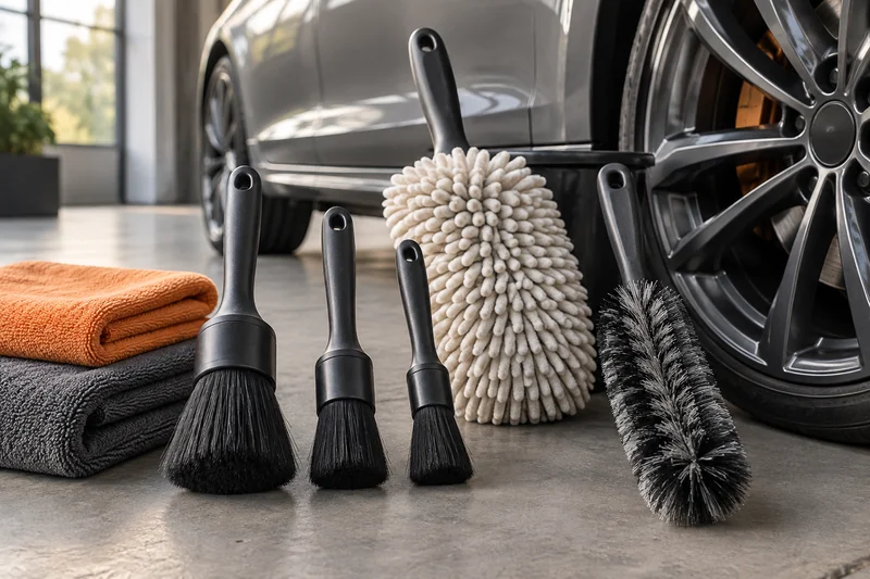 Soft detailing brushes, wash brushes and a wheel brush arranged beside a car