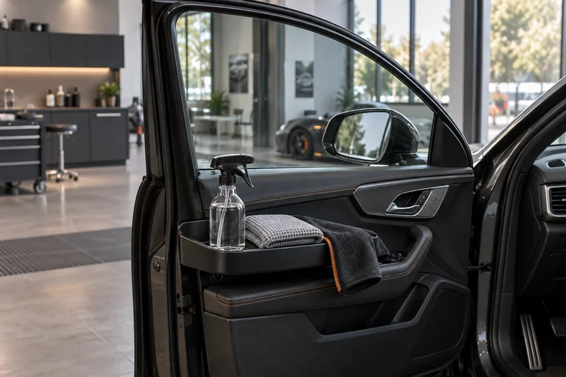 Glass cleaner and two clean towels beside a car window