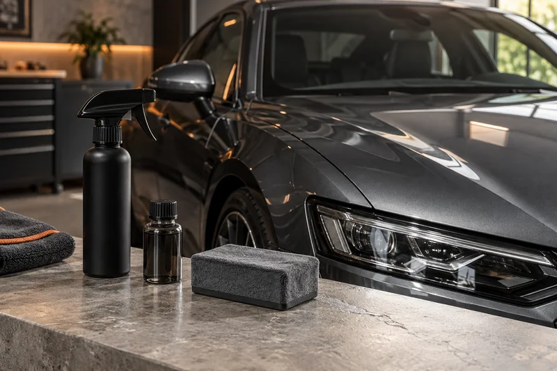Spray bottle, coating bottle and suede applicator beside a graphite car hood
