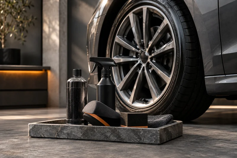 Tire-dressing bottles and applicators beside a parked wheel