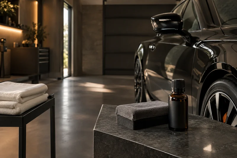Coating bottle, suede block and folded cloths in a dry garage