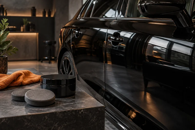 Wax container and foam applicators beside glossy black paint