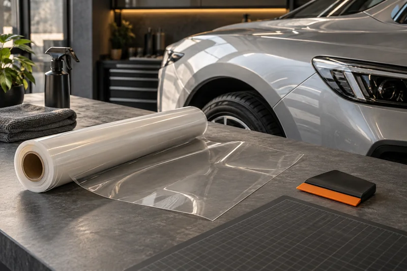 Clear protection-film roll, offcut and squeegee beside a vehicle panel