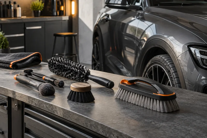 Interior, wheel and textile brushes arranged by shape and task