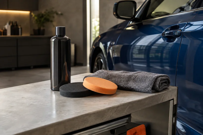 Liquid-wax bottle, foam pads and towel beside a blue car door