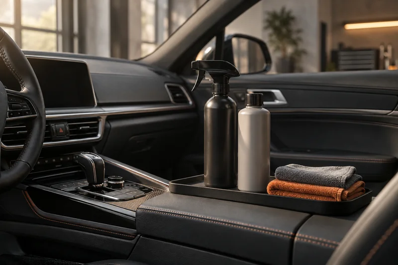 Interior-cleaner bottles and soft cloths beside a matte dashboard
