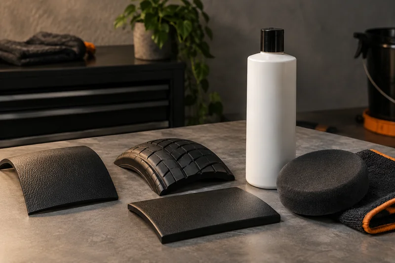 Dressing bottle, foam pad and vinyl, rubber and plastic samples