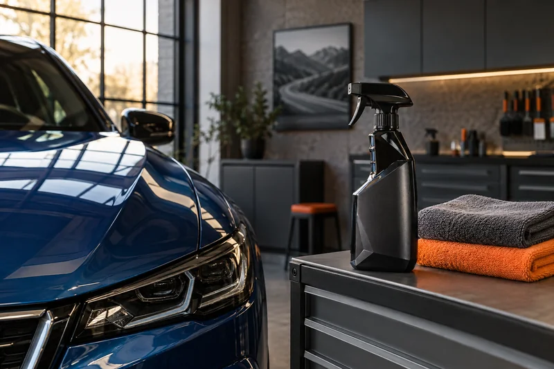 Dark trigger bottle and fresh microfiber towels beside a dry blue hood