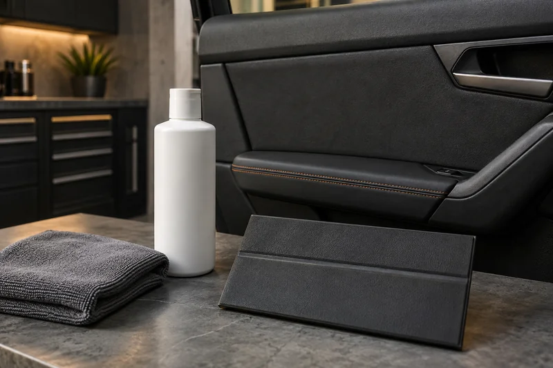 Protectant bottle and dry cloth beside matte vinyl door trim