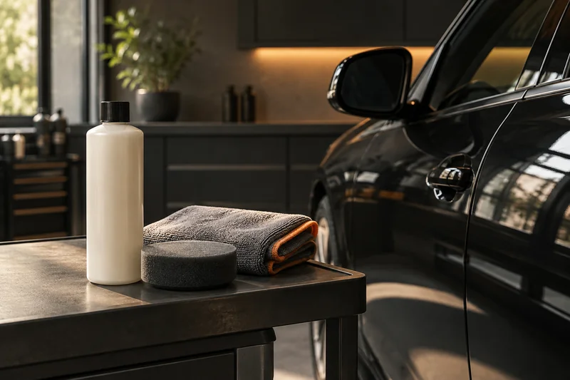 Cream-colored wax bottle and round applicator beside a black car door