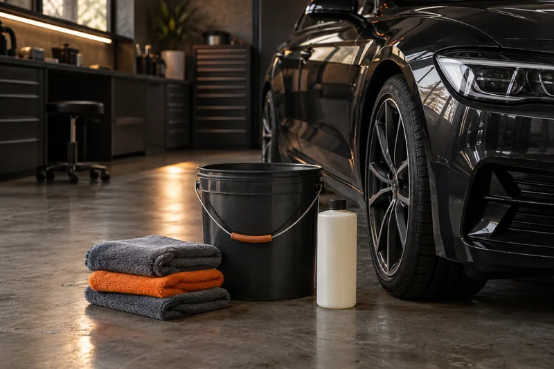 Wash bucket, plush towels and concentrate bottle in a compact garage Wash bucket, plush towels and concentrate bottle in a compact garage